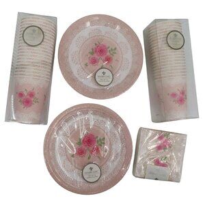 Shabby Chic Pink Rose Flower White Lace Print Disposable Plates Napkins Cups NEW
